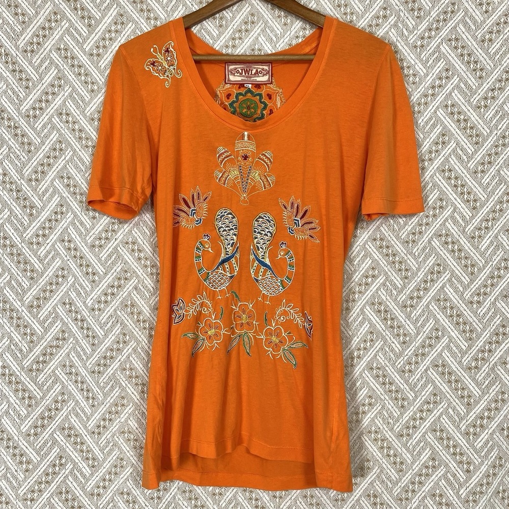 Johnny Was Medium Embroidered Shirt Floral Boho Western Chic Top Coastal Beach